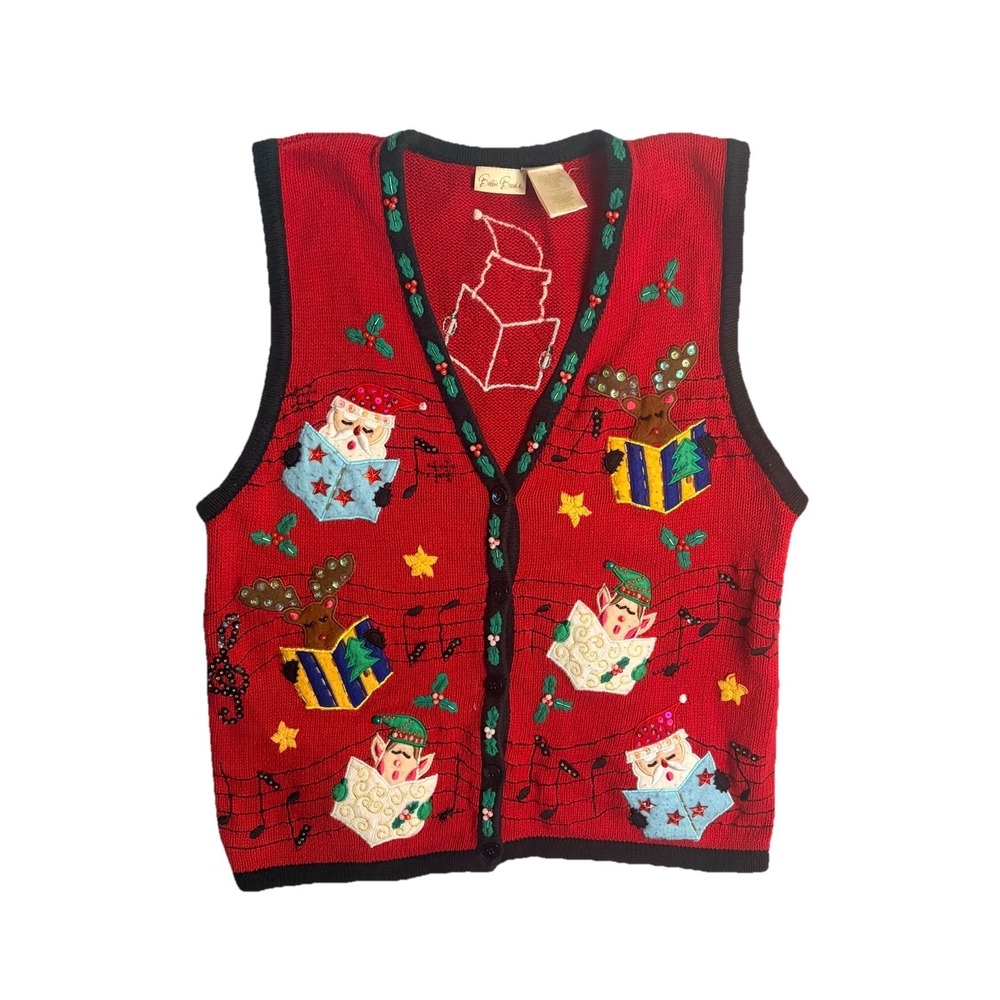 Vintage Bobbie Brooks Grannycore Ugly Christmas Santa Elves Vest Sweater Sz L